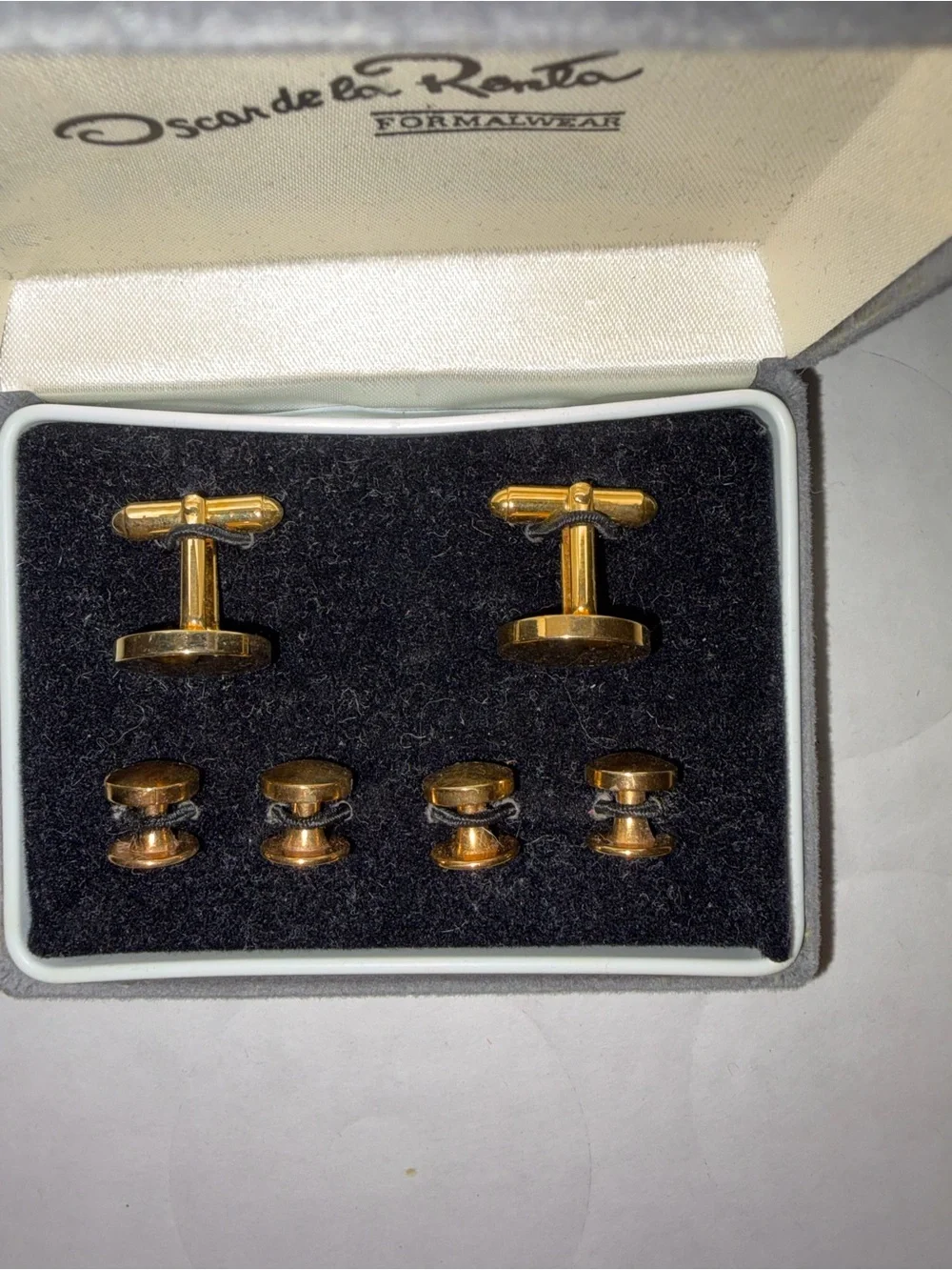Vintage Oscar de la Renta Gold Cufflinks & Tuxedo Studs Set with Box